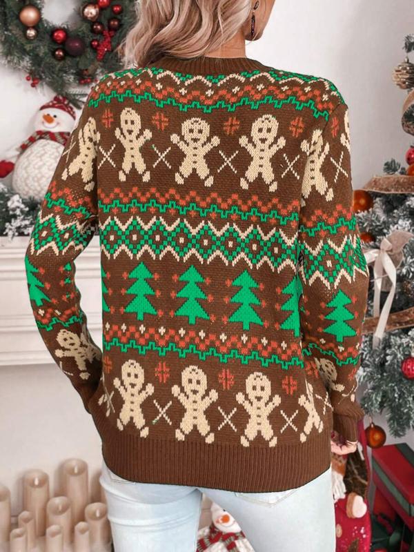 Women's All Over Christmas Tree & Gingerbread Print Sweater, Casual Long Sleeve Round Neck Jumper for Fall & Winter, Ladies' Knitwear for Daily Wear