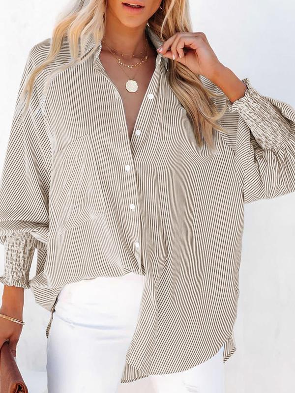 Women's Back To School Striped Print Button Front Frill Trim Raglan Sleeve Pocket Shirt, Fall Clothing Women, Going Out Tops, Shirts for Women, Casual Long Sleeve Shirred High Low Top for Daily Wear, Fall Tops  Preppy 80s Clothes