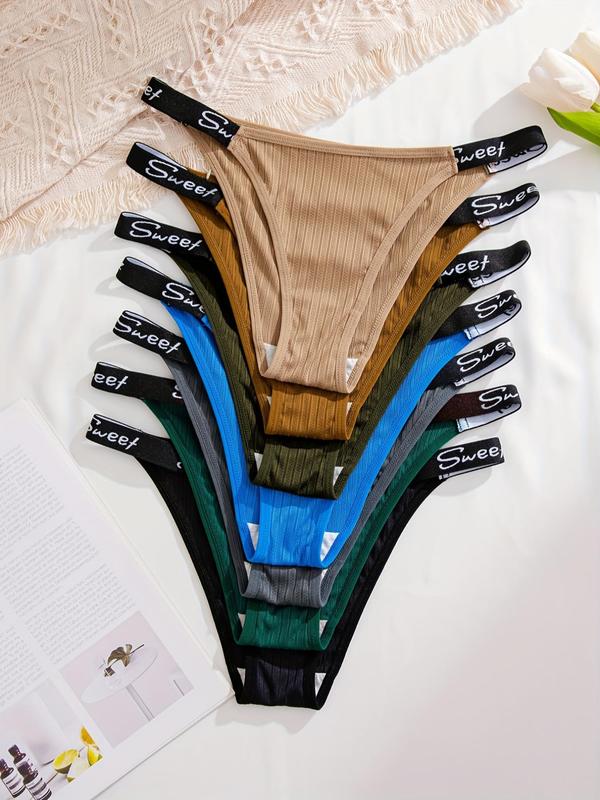 Women's 7 Counts Contrast Letter Tape Drop Waist Thongs, Fall Wear 2024, Casual Soft Comfy Breathable Back To School Panties for Fall Daily Wear, Ladies Underwear for Fall, Vacation Wear