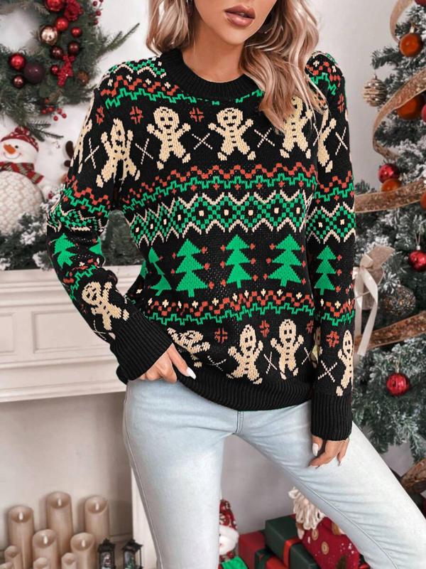 Women's All Over Christmas Tree & Gingerbread Print Sweater, Casual Long Sleeve Round Neck Jumper for Fall & Winter, Ladies' Knitwear for Daily Wear