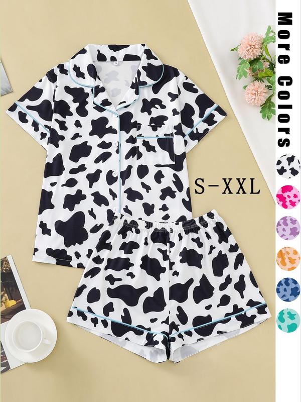 Two-piece Set Women's Women's Cow Print Contrast Binding Pyjama Set, Casual Mufti Clothes, Lapel Button Front Shirt & Elastic Waist Shorts, Summer Loungewear, Ladies Sleepwear for All Seasons, Summer Wear 2024 Black Girl Wear