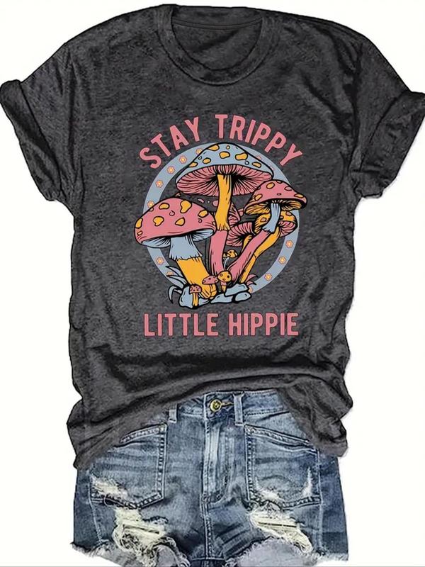 Women's Mushroom Print Round Neck Tee, Fashion Casual Crew Neck Short Sleeve T-Shirt for Daily Outdoor Wear, Ladies Clothes for All Seasons