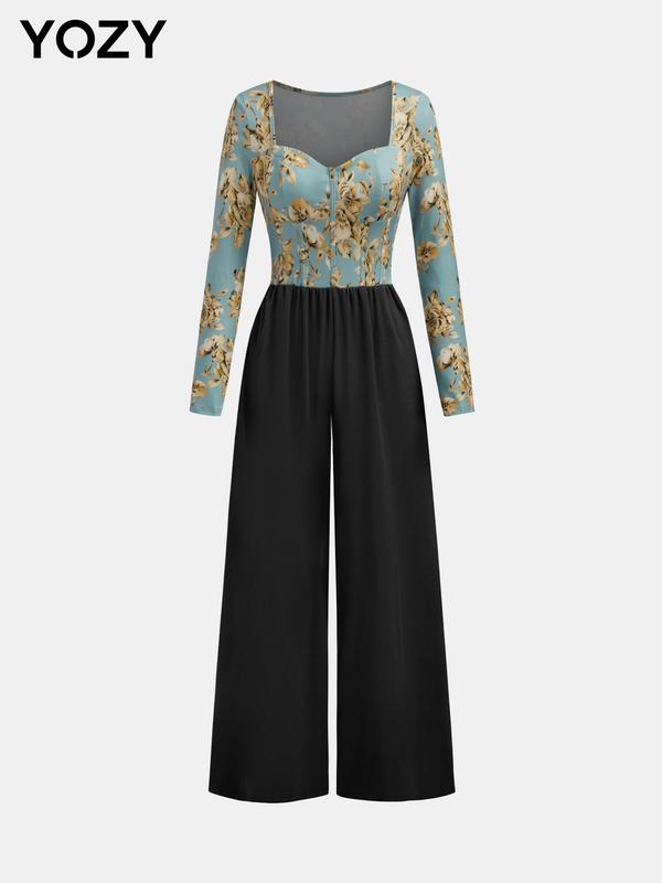 YOZY Women's Floral Print Sweetheart Neck Jumpsuit, Elegant Long Sleeve Jumpsuit for Party Holiday Vacation, Ladies Clothes for All Seasons