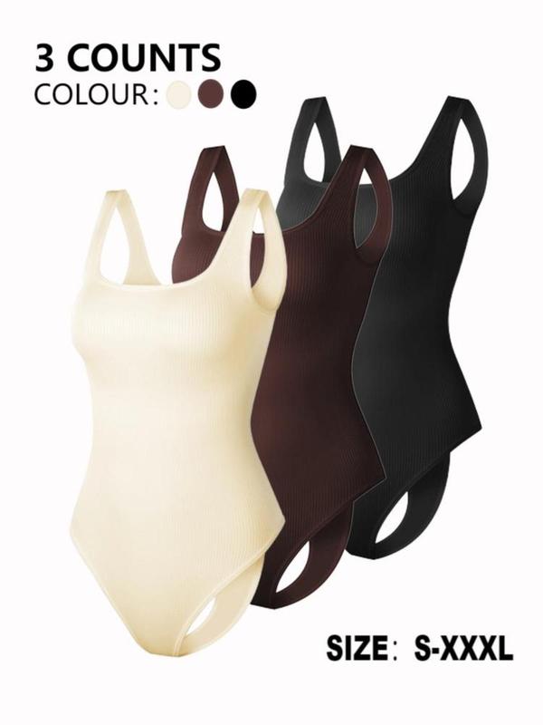Women's Solid Backless Ribbed Shapewear Bodysuit, Breathable Comfortable Hook & Eye Closure Crotch Shaper, Tummy Control Butt Lifter, Ladies Shapewear for Daily Wear