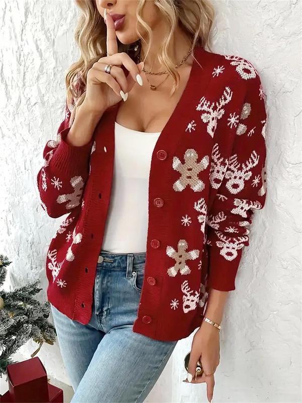 Women's Christmas Themed Cartoon Reindeer Embroidery Sweater Cardigan, Casual Drop Shoulder Long Sleeve Button Front Knitwear for Fall & Winter, Women's Knit Clothing for Daily Wear