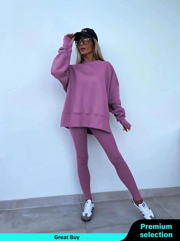 Women's Solid Drop Shoulder Sweatshirt & Elastic Waist Pants Two-piece Set, Casual Fashion Cozy Split Hem Long Sleeve Pullover & Skinny Trousers for Daily Outdoor Wear, Women's Clothing for Fall