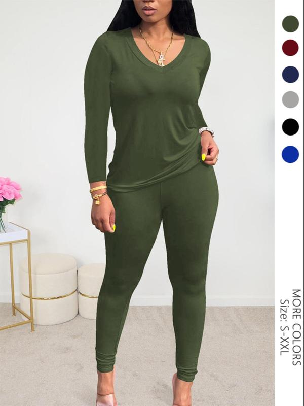 Womenswear Solid Long Sleeve V Neck Tee & High Waist Leggings Two-Piece Set, Fall Outfits, Minimalist Fashion Cozy Top & Skinny Pants for Daily Outdoor Wear, Women's Clothing for Spring & Fall, Fall Clothes