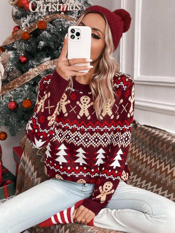 Women's All Over Christmas Tree & Gingerbread Print Sweater, Casual Long Sleeve Round Neck Jumper for Fall & Winter, Ladies' Knitwear for Daily Wear