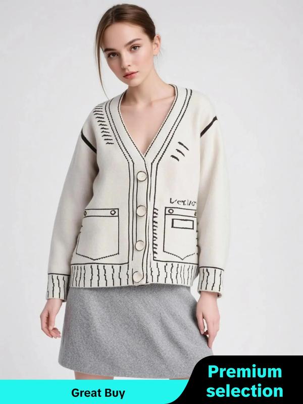  Graphic Print Button Front V Neck Cardigan, Knitting Womenswear, Comfort Drop Shoulder Long Sleeve Cardigan for Fall & Winter, Women's Knitwear for Daily Wear, Sweaters for Fall, Cardigan for Women, Going Out Outfits 2024