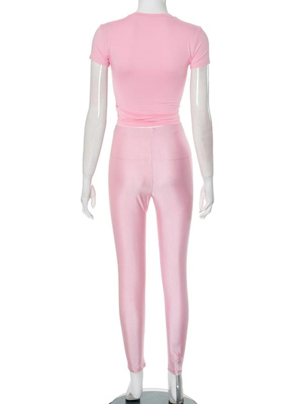 Two-Piece Set Women's Solid Round Neck Tee & Skinny Pants, Casual Short Sleeve T-shirt & Leggings for Daily Wear, Ladies Clothes for All Seasons