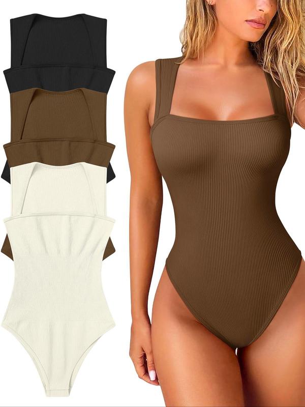 Women's Solid Ribbed Square Neck Shapewear Bodysuit, Casual Comfy Breathable Sleeveless Shaper for Daily Wear, Ladies Shapewear for All Seasons