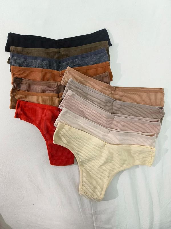 Women's Solid Ribbed Drop Waist Thong, Breathable Comfortable Panty for Daily Wear, Ladies Underwear for All Seasons