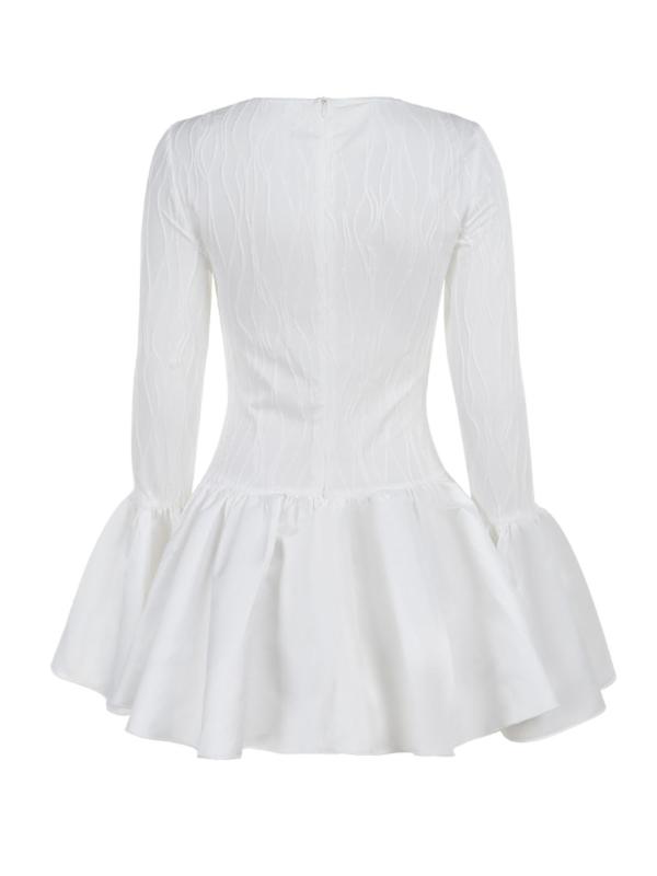 Women's Plain Textured Ruffle Hem Flounce Sleeve Dress, Christmas Deals Elegant Long Sleeve Round Neck A Line Dress for Spring & Fall, Ladies Clothes for Daily Wear, Christmas 2024 Trend, Fall & Winter Clothes