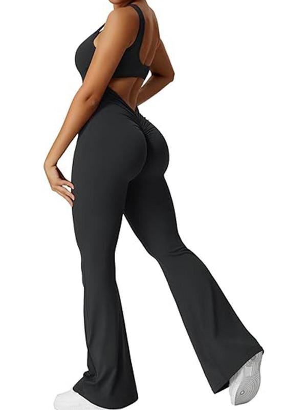 Women's Back To School Plain Cut Out Backless Ruched Scoop Neck Flare Leg Jumpsuit, Jumpsuit for Women, Overalls for Women, Casual Basic Sleeveless Skinny Jumpsuit for Summer, Summer Outfits 2024, Ladies Summer Clothes for Daily Wear