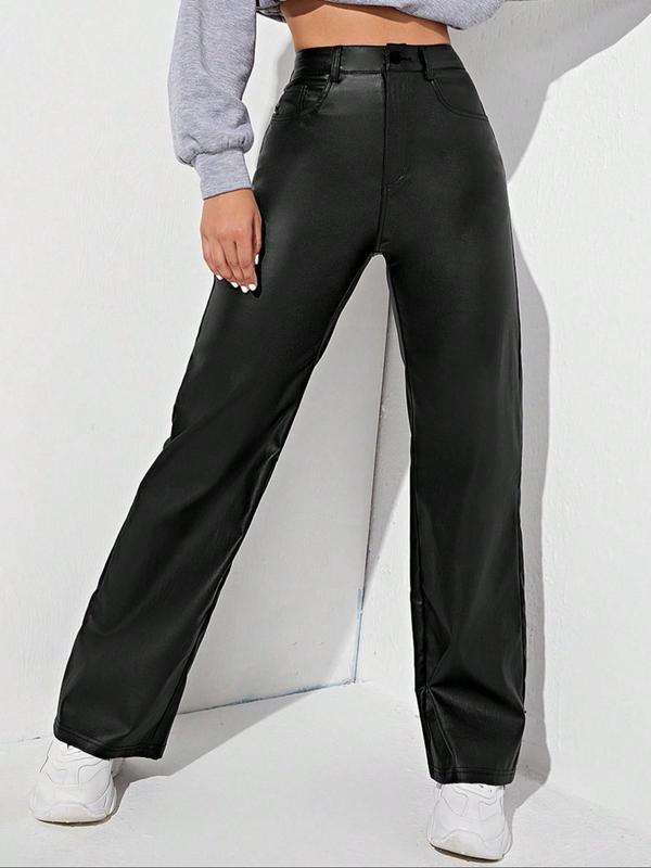 Women's Solid Button Fly Pocket Straight Leg PU Leather Pants, Casual Comfy High Waist Trousers for Daily Wear, Ladies Bottoms for All Seasons