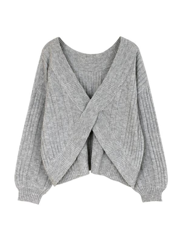 Women's Plain Criss Cross Bishop Sleeve Sweater, Comfort Simple Everyday Womenswear, Casual Long Sleeve Round Neck Jumper for Spring & Fall, Women's Knitwear for Daily Wear, Downtown Girl Clothes, Fall Gift