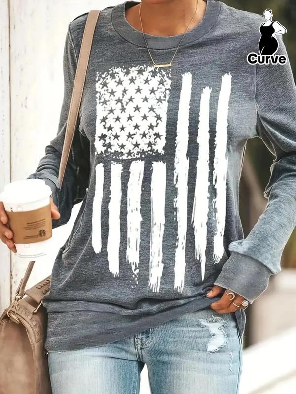  Star Brush Print Drop Shoulder 4th Of July Pullover, Galentine Day Fashion Casual Crew Neck Sweatshirt for Daily Holiday Outdoor Wear, Sweatshirts for Women, Women Plus Clothing for Fall,  Vintage Clothing