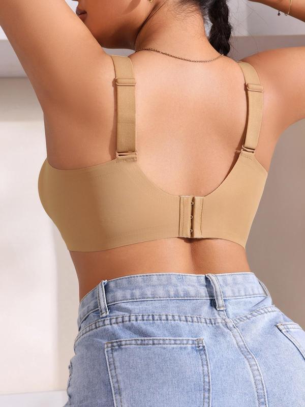 Plus Size Solid Adjustable Strap Bra, Breathable Comfortable Wireless Bra for Daily Wear, Women's Plus Size Lingerie for All Seasons, Fall Wear, Earthtone Fallfreshness