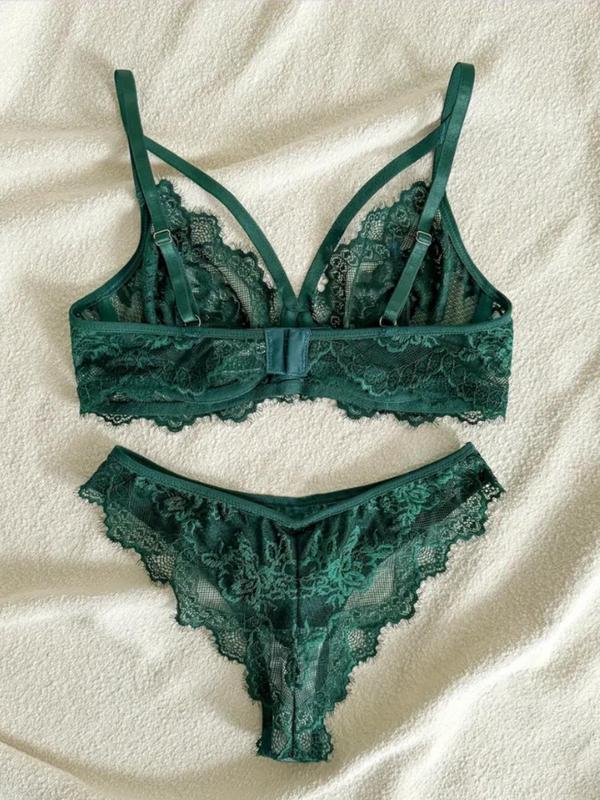 Women's Solid Color Cut Out Sheer Push Up Bra & Lace Thong Set, Fashion Comfy Underwear Set for Daily Wear,  Underwear for Women, Lingerie Sets, Women Underwear for All Seasons, Back To School Set Birthday Wear Black Girl
