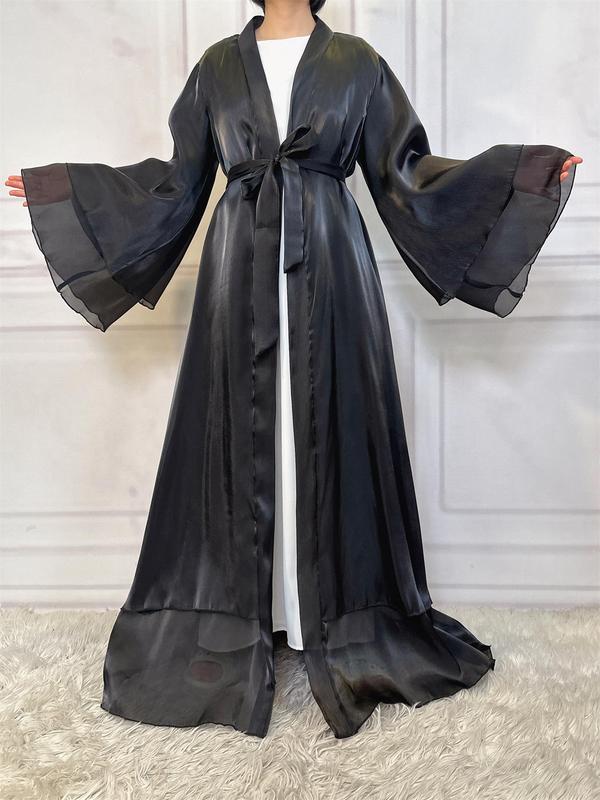 Women's Solid Color Belted Flounce Sleeve Satin Lounge Robe, Elegant Tiered Layer Long Sleeve Dressing Gown, Women Nightwear, Ladies Sleepwear for Spring & Fall, Fall Wear, Fallfreshness, Fall Clothing