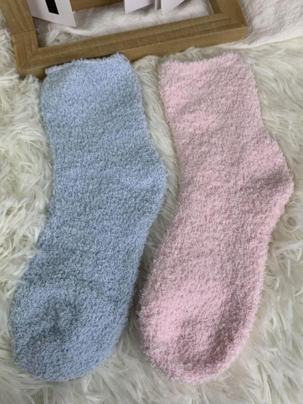 Women's Solid Matching Fuzzy Socks, Casual Comfy Coral Fleece Crew Socks, Winter Warm Socks for Women & Girls, Cute Socks for Gift, Fall Wear, Fallfreshness