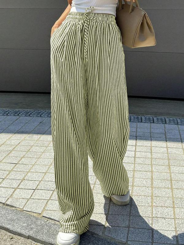 Women's Striped Print Drawstring Waist Wide Leg Pants, Casual Pocket Trousers for Daily Wear, Ladies Bottoms for All Seasons