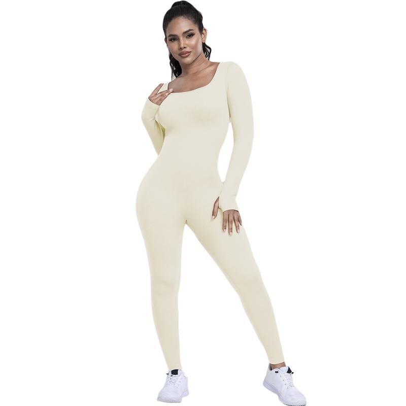 Kabuer Flattering Ribbed One-Piece Jumpsuit - High Waisted, Long Sleeved, Casual Fitness Bodysuit for Women Womenswear Comfort Crew Neck Knit winter sport clothes