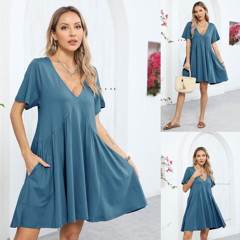 SCUSTY Womens Summer Mini Dress Casual Short Sleeve Loose V Neck Flowy Sundress Vacation Tshirt Sun Dress