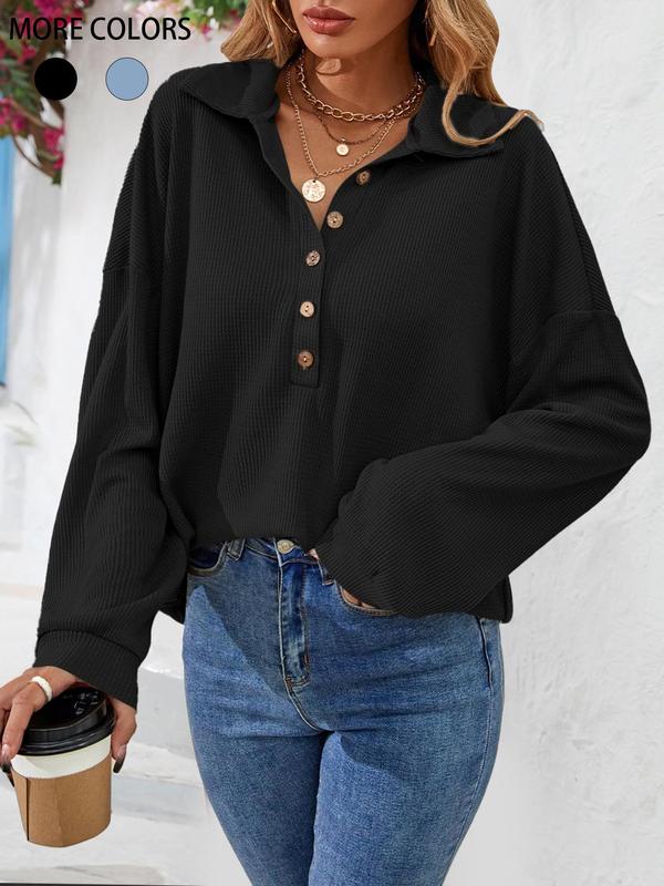 Women's Plain Half Button Drop Shoulder Polo Shirt, Casual Long Sleeve Collared Top for Spring & Fall, Women's Clothing for Daily Wear