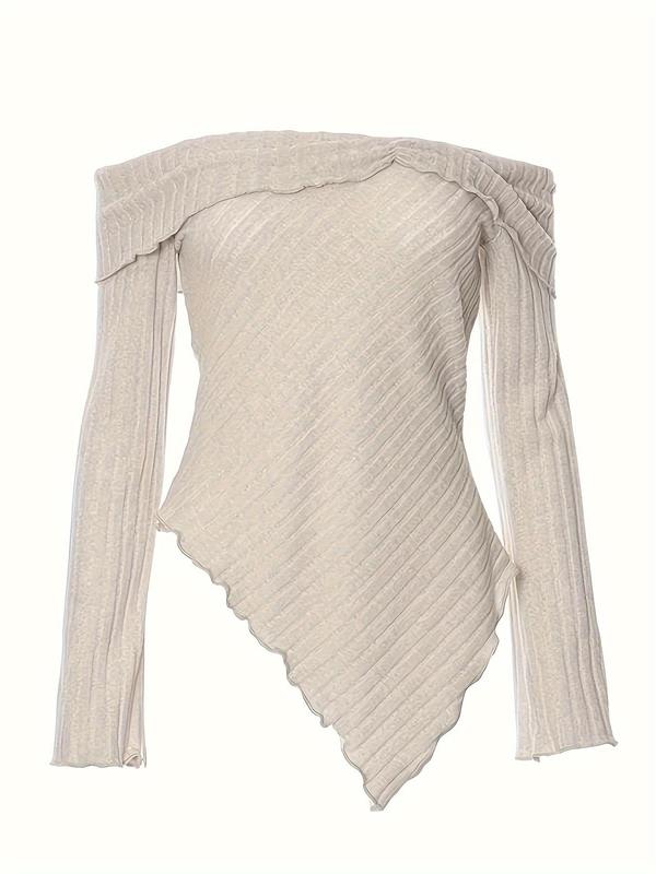 Women's Plain Lettuce Trim Off Shoulder Sweater, Casual Asymmetrical Hem Long Sleeve Jumper for Daily Outdoor Wear, Ladies Knitwear for All Seasons, Downtown Girl Clothes