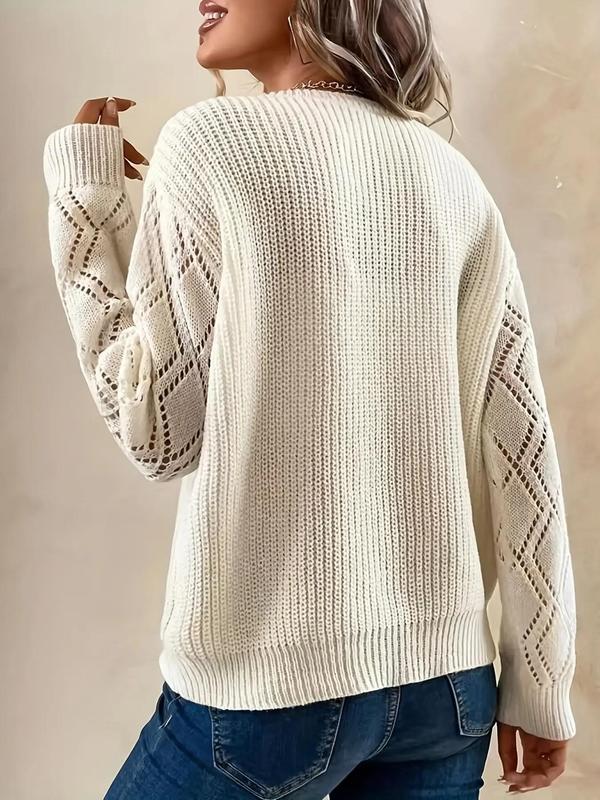Women's Colorblock Contrast Lace Hollow Out Sweater, Casual Drop Shoulder Long Sleeve V Neck Jumper for Fall & Winter, Fashion Ladies' Knitwear for Daily Wear, Sweaters for Women, Fall Sweaters