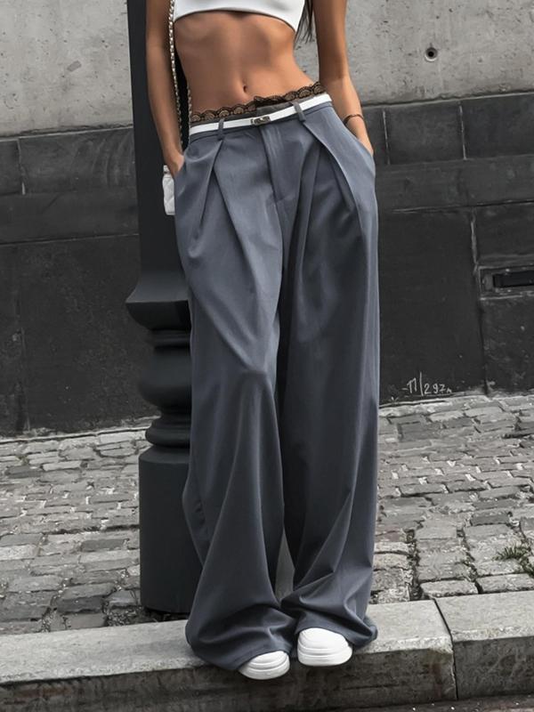 Women's Contrast Lace Wrap Straight Leg Pants, Casual Button Fly Pocket Trousers for Fall & Winter, Women's Bottoms for Daily Wear