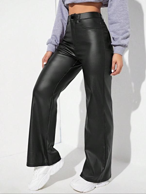 Women's Solid Button Fly Pocket Straight Leg PU Leather Pants, Casual Comfy High Waist Trousers for Daily Wear, Ladies Bottoms for All Seasons