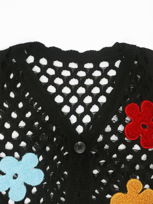 Women's Floral Appliques Button Front Crop Sweater Vest, Fashion Hollow Out Sleeveless V Neck Knitwear Top for Daily Wear, Ladies Knitwear for Summer