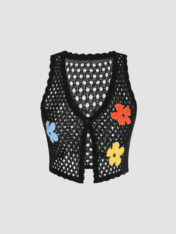 Women's Floral Appliques Button Front Crop Sweater Vest, Fashion Hollow Out Sleeveless V Neck Knitwear Top for Daily Wear, Ladies Knitwear for Summer