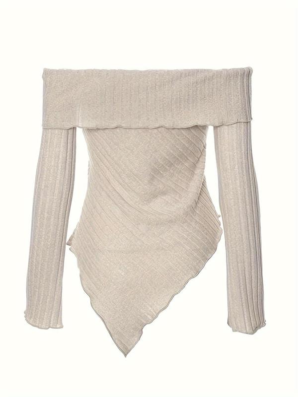 Women's Plain Lettuce Trim Off Shoulder Sweater, Casual Asymmetrical Hem Long Sleeve Jumper for Daily Outdoor Wear, Ladies Knitwear for All Seasons, Downtown Girl Clothes