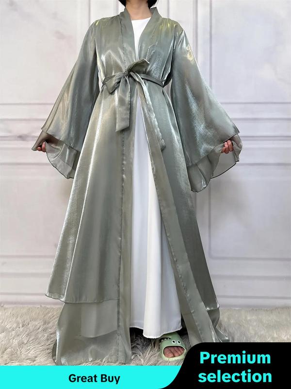 Women's Solid Color Belted Flounce Sleeve Satin Lounge Robe, Elegant Tiered Layer Long Sleeve Dressing Gown, Women Nightwear, Ladies Sleepwear for Spring & Fall, Fall Wear, Fallfreshness, Fall Clothing