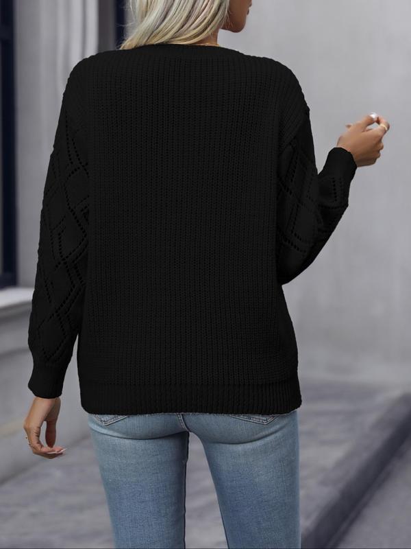 Women's Colorblock Contrast Lace Hollow Out Sweater, Casual Drop Shoulder Long Sleeve V Neck Jumper for Fall & Winter, Fashion Ladies' Knitwear for Daily Wear, Sweaters for Women, Fall Sweaters