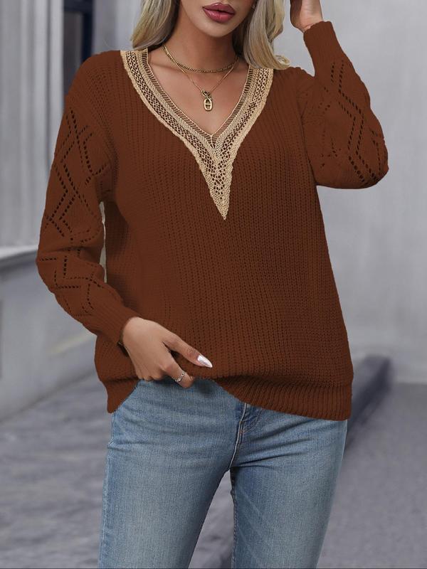 Women's Colorblock Contrast Lace Hollow Out Sweater, Casual Drop Shoulder Long Sleeve V Neck Jumper for Fall & Winter, Fashion Ladies' Knitwear for Daily Wear, Sweaters for Women, Fall Sweaters