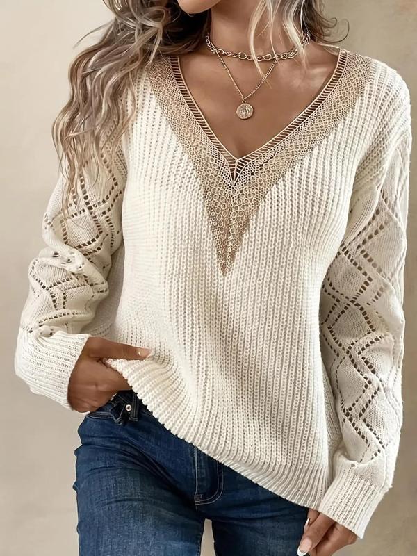 Women's Colorblock Contrast Lace Hollow Out Sweater, Casual Drop Shoulder Long Sleeve V Neck Jumper for Fall & Winter, Fashion Ladies' Knitwear for Daily Wear, Sweaters for Women, Fall Sweaters