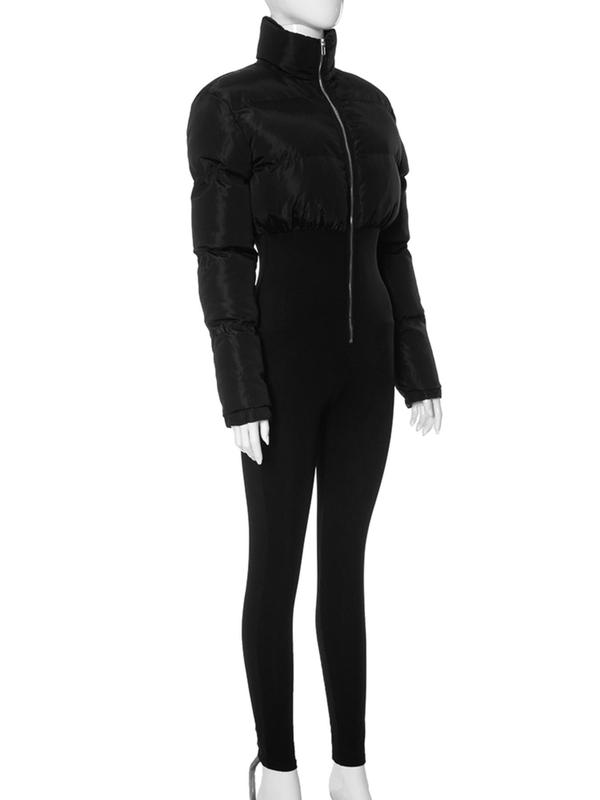 Women's Solid Zip Up Puffer Jumpsuit, Casual Long Sleeve Collared Jumpsuit for Fall & Winter, Women's Clothes for Daily Wear, Girl Clothes Jumpsuits For Women