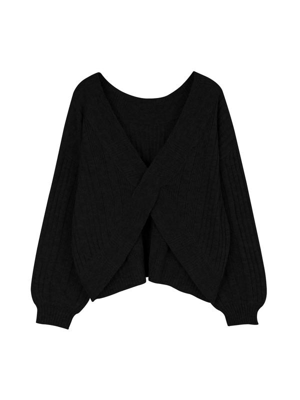 Women's Plain Criss Cross Bishop Sleeve Sweater, Comfort Simple Everyday Womenswear, Casual Long Sleeve Round Neck Jumper for Spring & Fall, Women's Knitwear for Daily Wear, Downtown Girl Clothes, Fall Gift
