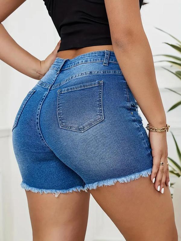 Women's Ripped Raw Hem High Waist Denim Shorts, Casual Pocket Button Fly Skinny Jean Shorts for Summer, Fashion Bottoms for Daily Wear