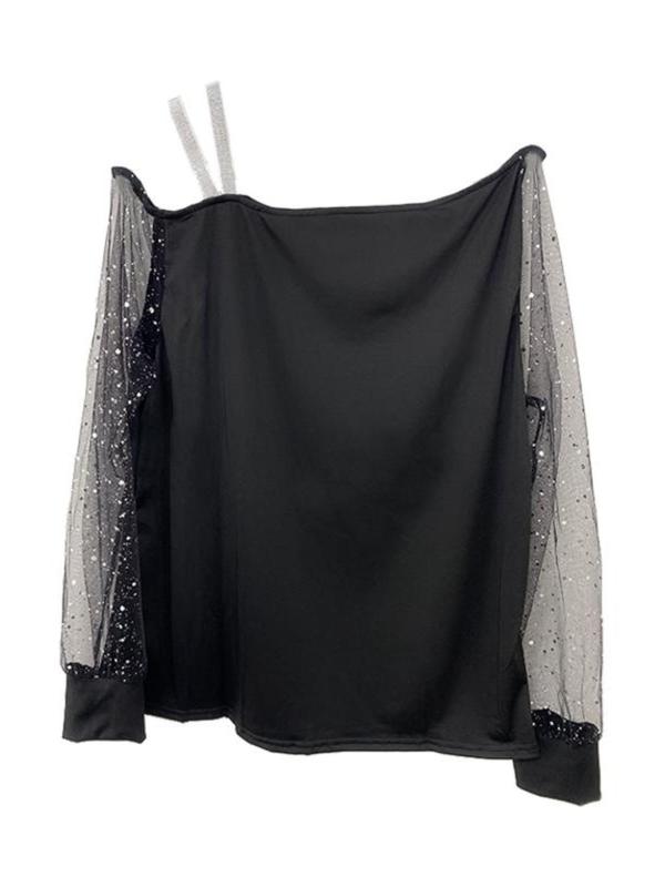 Women's Rhinestone Decor Contrast Mesh Sheer Tee, Elegant Fashion Casual Asymmetrical Neck Long Sleeve T-Shirt for Daily Outdoor Wear, Women Tops for Spring Fall