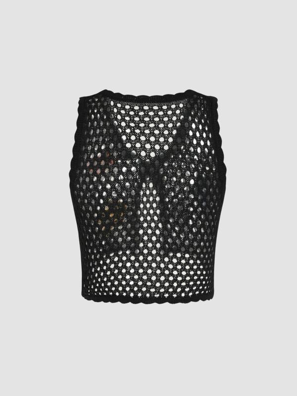 Women's Floral Appliques Button Front Crop Sweater Vest, Fashion Hollow Out Sleeveless V Neck Knitwear Top for Daily Wear, Ladies Knitwear for Summer