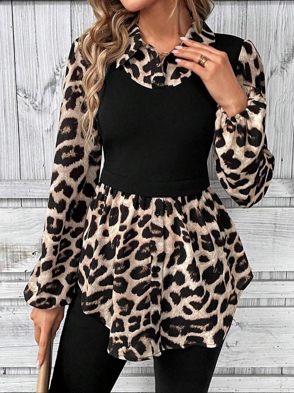 Women's Leopard Print Patchwork Colorblock Button Front Bishop Sleeve Blouse, Elegant Long Sleeve Collared Top for Spring & Fall, Women's Clothes for Daily Wear