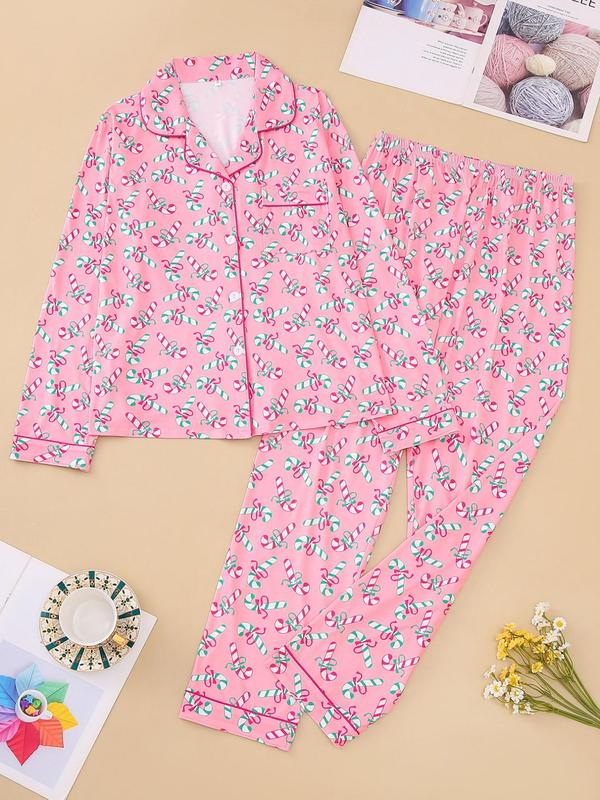 Two-piece Set Women's Christmas Print Button Front Pocket Shirt & Elastic Waist Pants Pyjama, Casual Comfy Long Sleeve Collared Top & Trousers Pyjama Set, Sleepwear for Spring, Fall Clothing Women, Pajama Pants at Gym