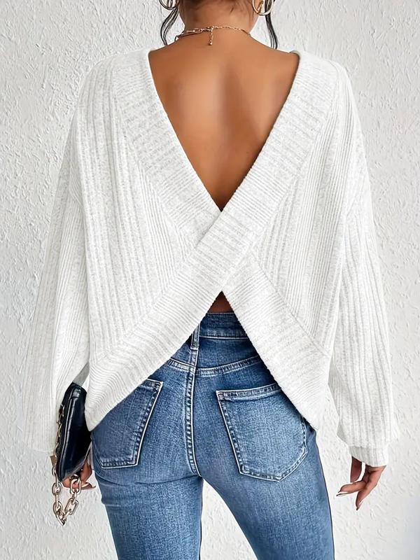 Women's Plain Criss Cross Bishop Sleeve Sweater, Comfort Simple Everyday Womenswear, Casual Long Sleeve Round Neck Jumper for Spring & Fall, Women's Knitwear for Daily Wear, Downtown Girl Clothes, Fall Gift