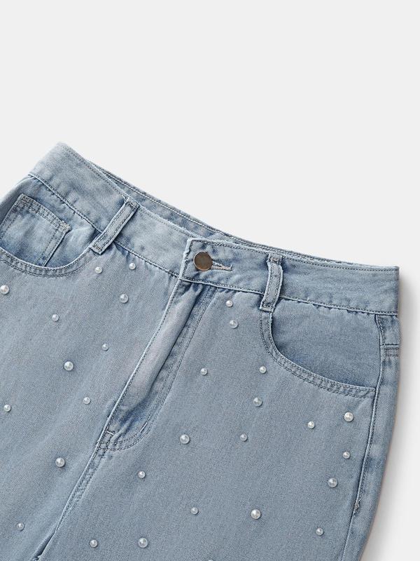 YOZY Christmas Deals, Women's Faux Pearl Decor Button Fly Wide Leg Jeans, Casual Comfy Pocket Design Denim Pants for Daily Wear, Baggy Jeans, Ladies Bottoms for Fall & Winter, Christmas 2024 Trend, Fall & Winter Clothes