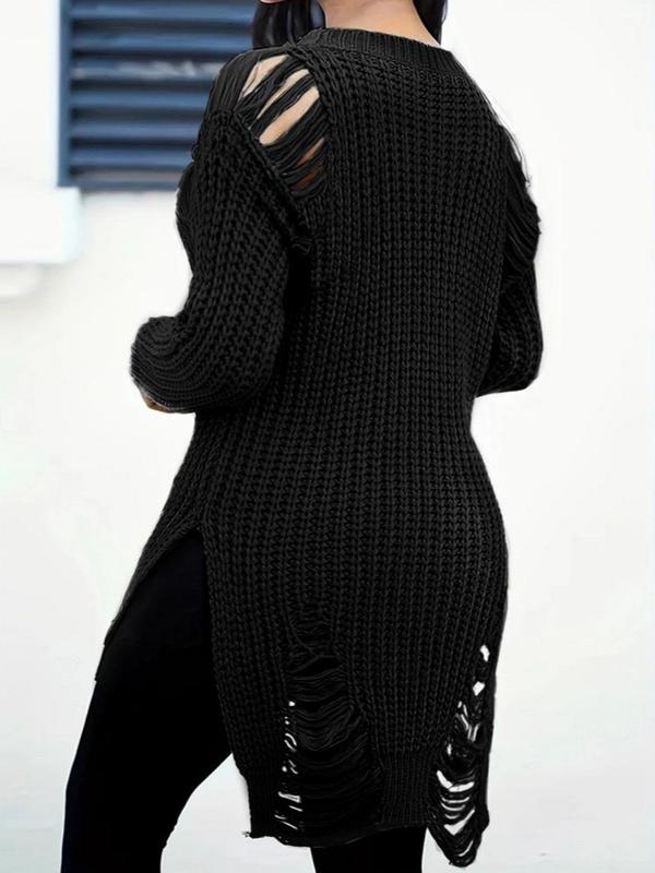 Women's Plain Ripped Split Hem Drop Shoulder Sweater, Street Fashion Long Sleeve Round Neck Jumper for Daily Outdoor Wear,  Sweaters for Women, Women Knitwear for Fall & Winter